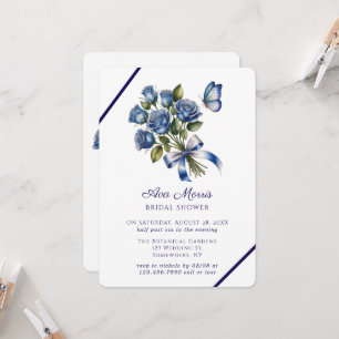 Invitation Papillon Roses Bleues Argent Mariage