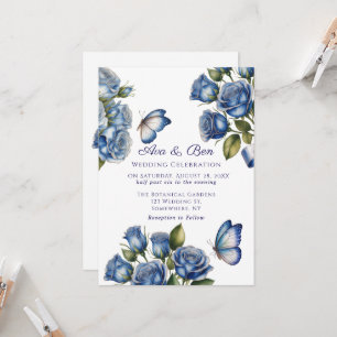 Invitation Papillon Roses Bleues Élégantes Mariage Argenté