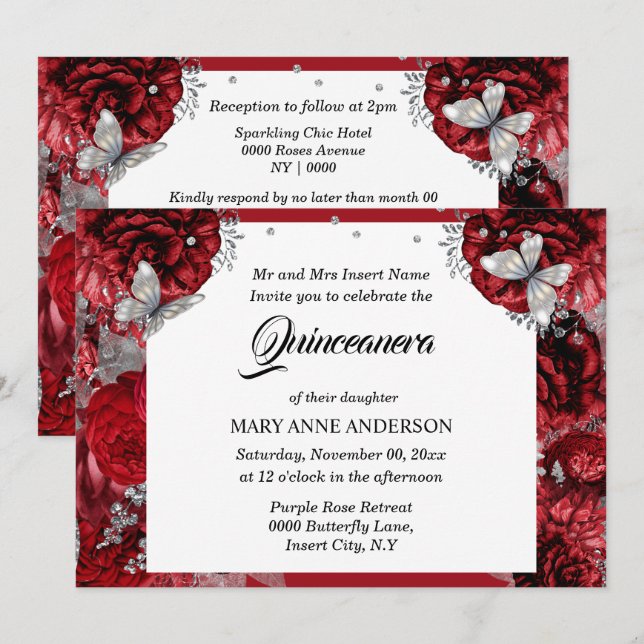 Invitation Papillon rouge argent élégant rose quinceanera (Devant / Derrière)