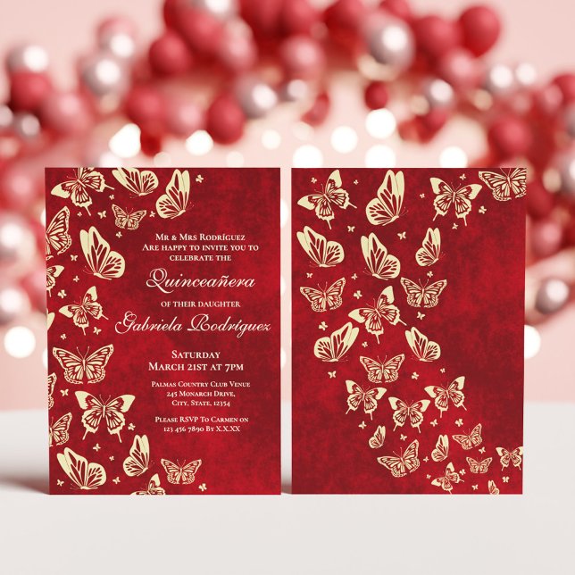 Invitation Papillon rouge Bourgogne Or Mis Quince 15 ans (Red Burgundy Gold Butterfly Mis Quince 15 birthday Invitation)