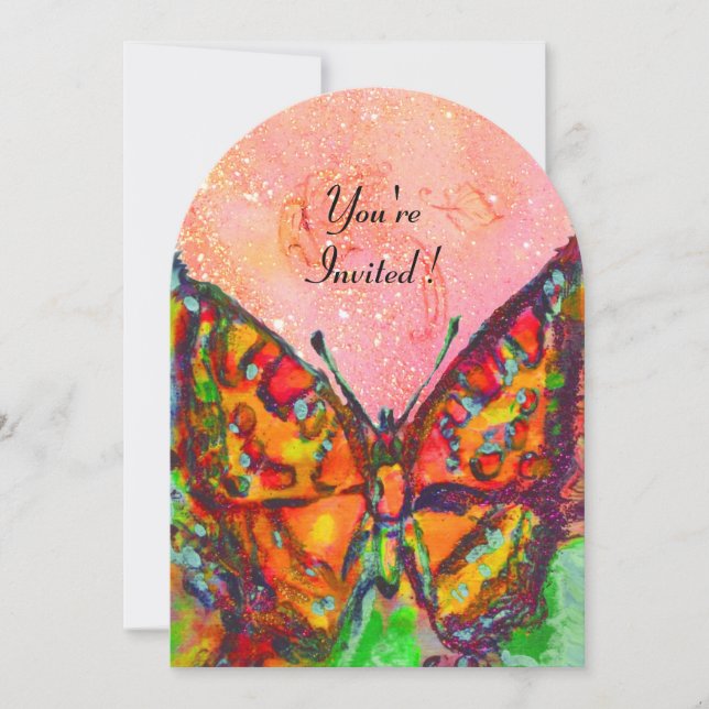 INVITATION PAPILLON ROUGE DANS FUCHSIA ROSE PAILLETÉ D'OR (Devant)