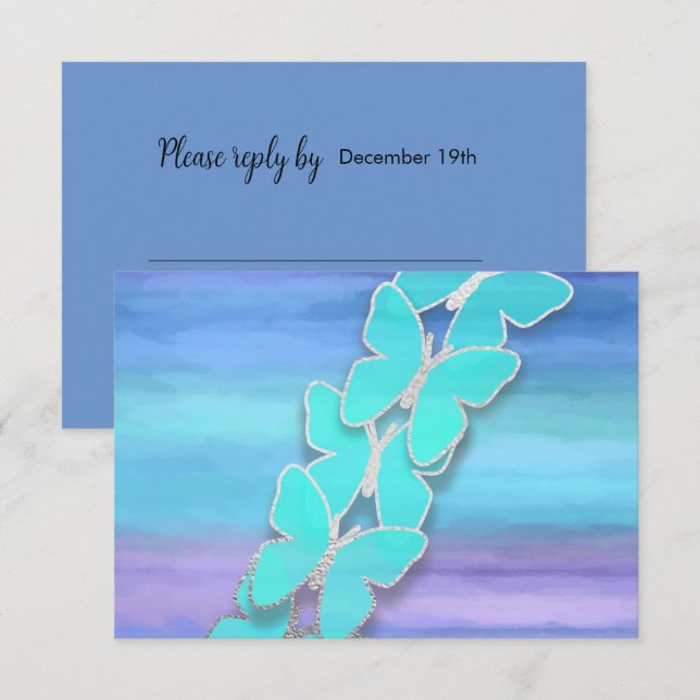 Invitation Papillon RSVP Turquoise Purple Aquarelle (Devant / Derrière)