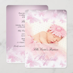 Invitation Papillon scintillant blanc rose baptême christenin