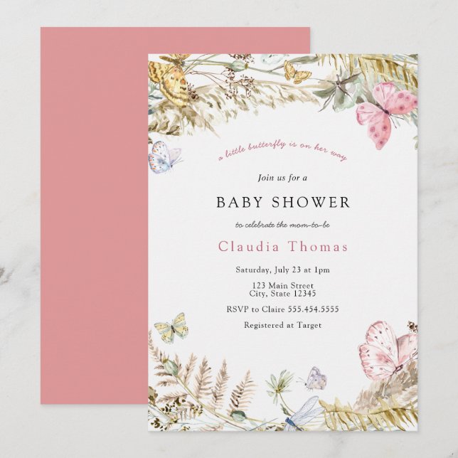 Invitation Papillon sur le chemin Baby shower de Bohême (Devant / Derrière)