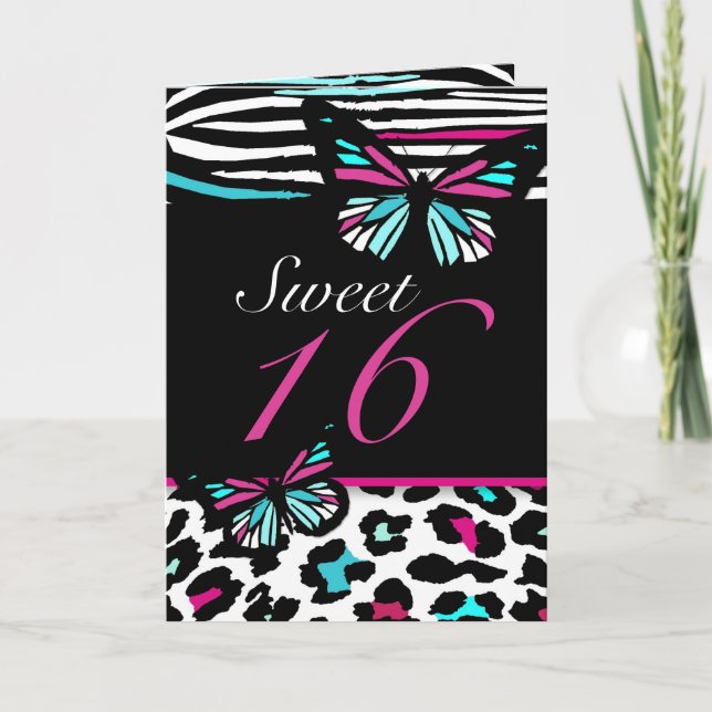 Invitation Papillon Sweet 16 Card, Leopard & Zebra Print (Devant)