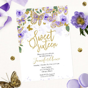 Invitation Papillon Sweet 16 Fleur Violet Or
