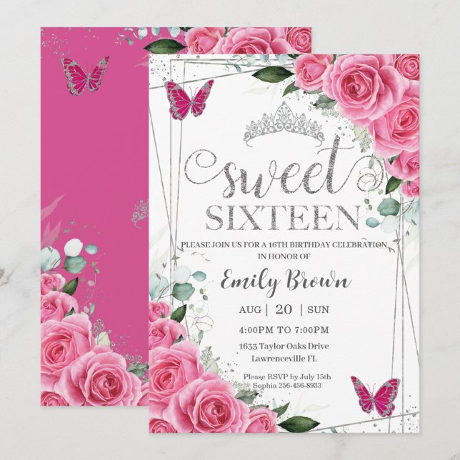 Invitation Papillon sweet sixteen rose Fuchsia Floral Argent (Devant / Derrière)