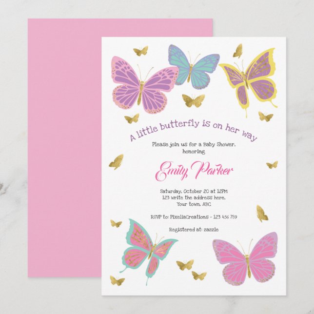 Invitation Papillon, Thèmes de Baby shower des filles, (Devant / Derrière)