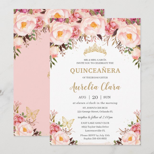 Invitation Papillon tiara quinceañera Flush doux (Devant / Derrière)