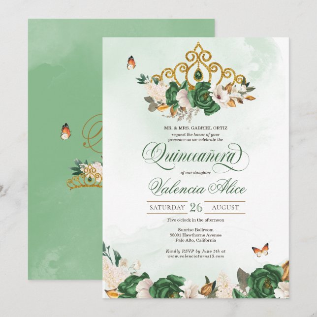 Invitation Papillon Tiara Rose vert Quinceanera (Devant / Derrière)