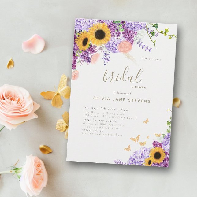 Invitation Papillon tournesol Lilac Fête des mariées rustique (butterfly bridal shower invitation modern rustic sunflower hydrangea roses botanical floral elegant)