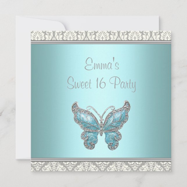 Invitation Papillon turquoise Damask Sweet 16 Party (Devant)