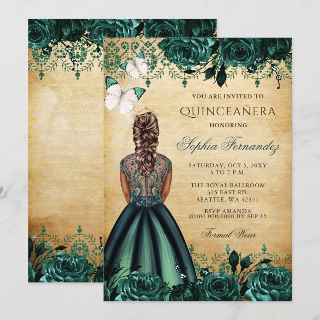 Invitation Papillon vert princesse vintage Quinceañera (Devant / Derrière)
