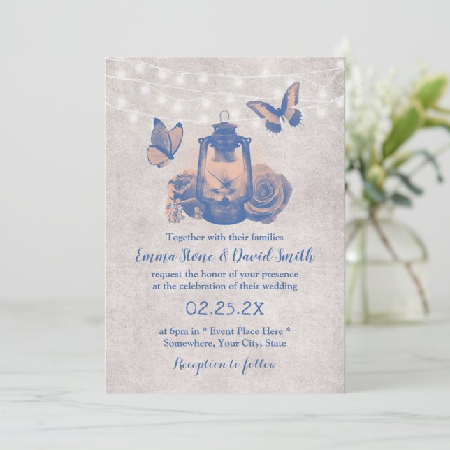 Invitation Papillon vintage et fleurs Mariage rustique (Debout devant)