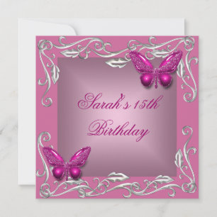 Invitation Papillons 15e anniversaire fête Fleur rose argent