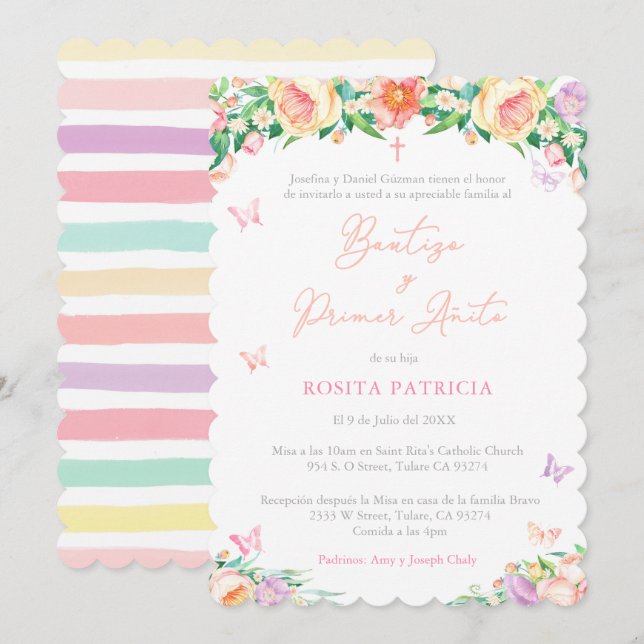 Invitation Papillons 1er Anniversaire Baptême pour fille, esp (Devant / Derrière)