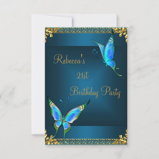 Invitation Papillons 21e anniversaire fête bleue Turquoise (Devant)