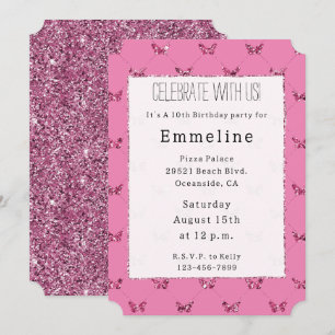 Invitation Papillons à Parties scintillant roses