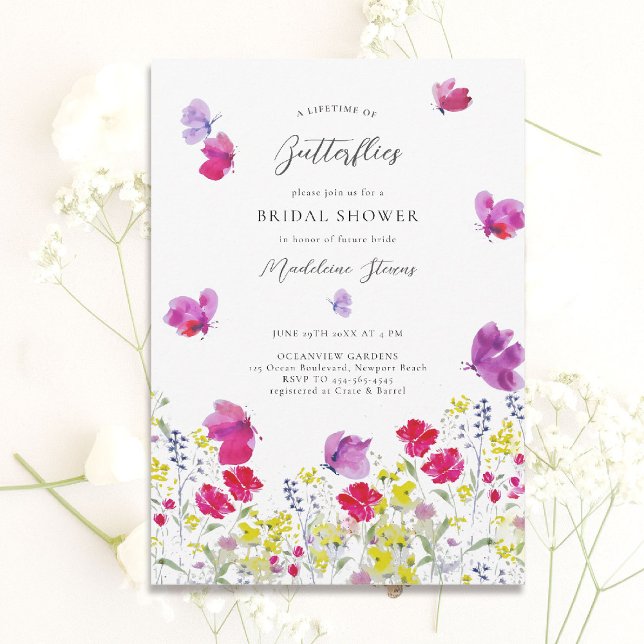 Invitation Papillons à vie Fleur sauvage Love Fête des mariée (lifetime of butterflies theme bridal shower invitation whimsical wildflowers watercolor romantic)