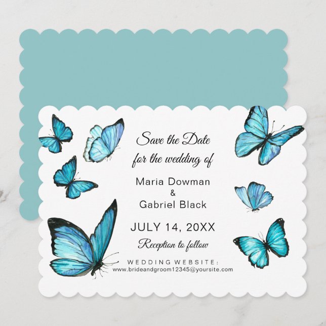 Invitation Papillons aquarelle bleus Modernes faire part de m (Devant / Derrière)