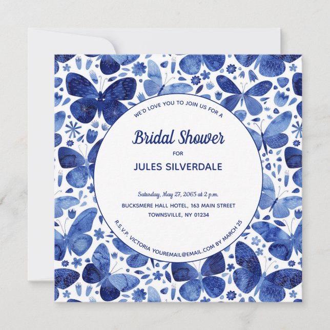 Invitation Papillons Aquarelle Indigo Fête des mariées bleue (Devant)