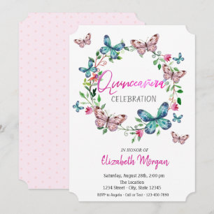 Invitation Papillons Aquarelle Taches Roses Quinceanera