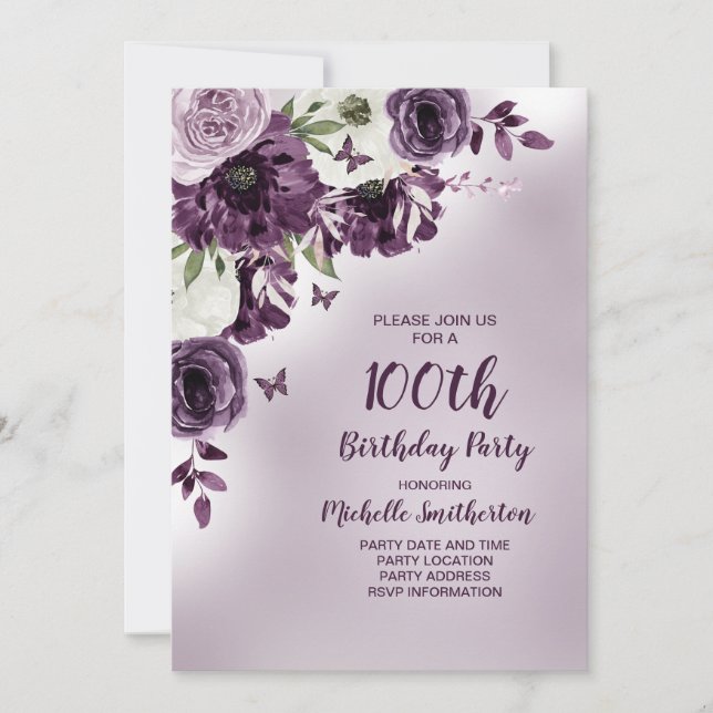 Invitation Papillons aux fleurs blanches violettes 100e anniv (Devant)