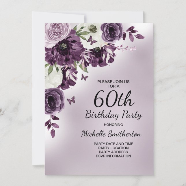 Invitation Papillons aux fleurs blanches violettes 60e annive (Devant)