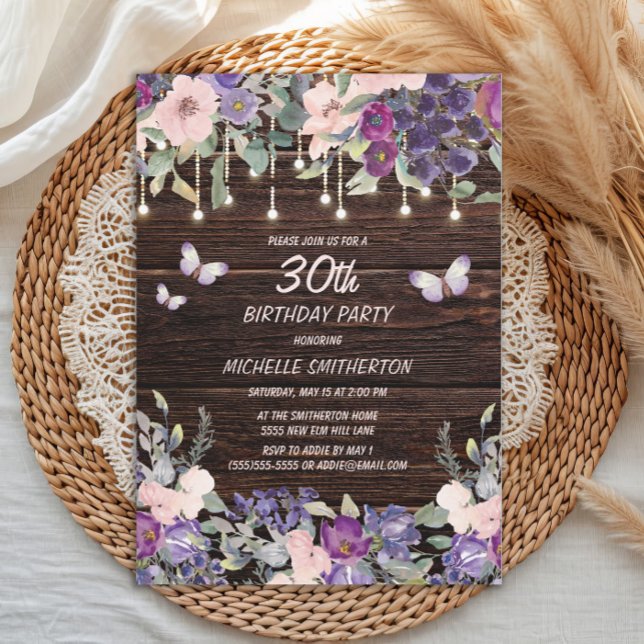 Invitation Papillons aux fleurs rose pourpre Bois rustique 30 (Purple and pink watercolor floral and butterflies on rustic wood 30th birthday party invitation)