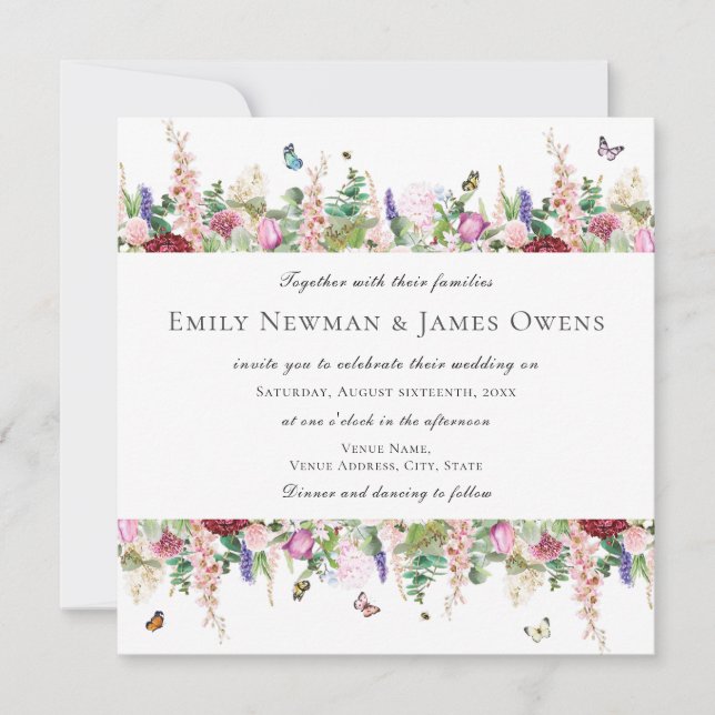 Invitation Papillons aux fleurs violettes rose | MARIAGE CARR (Devant)