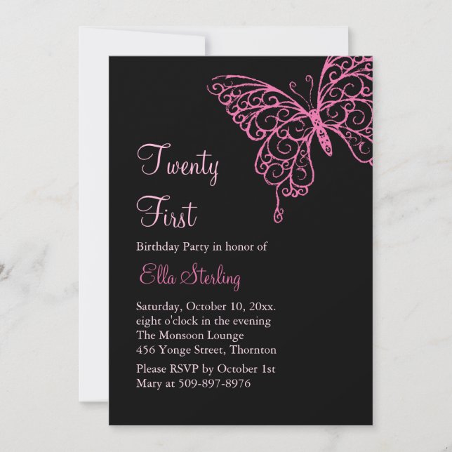 Invitation Papillons aux sucettes roses Vingt et unième anniv (Devant)