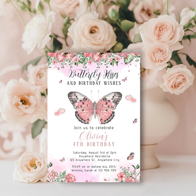 Invitation Papillons Bisous Rose et Or (Floral Pink Butterfly Kisses Birthday Invitation)