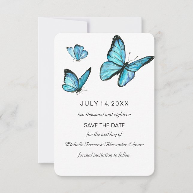 Invitation Papillons bleu aquarelle Moderne enregistrer la da (Devant)