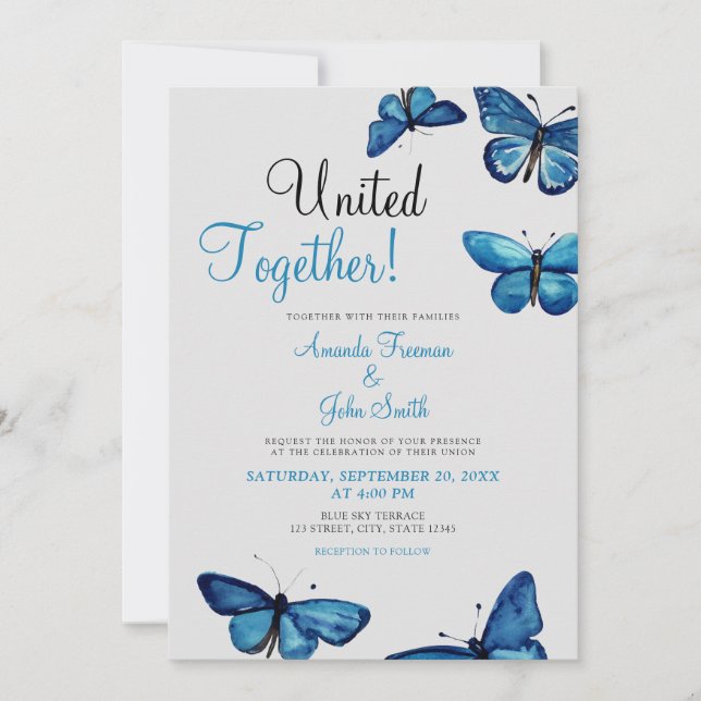 Invitation Papillons bleu esthétique Mariage d'aquarelle (Devant)