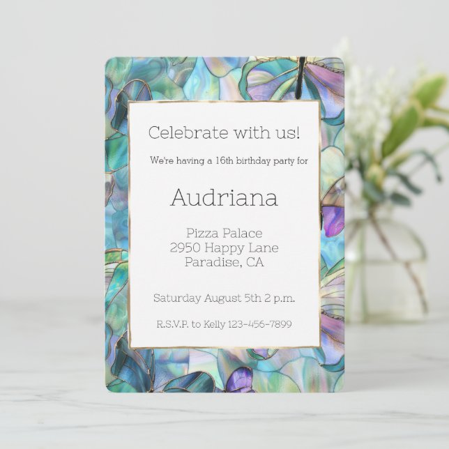 Invitation Papillons bleu pourpre 16e anniversaire (Debout devant)