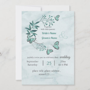 Invitation papillons bleu romantique feuille fleuri mariage