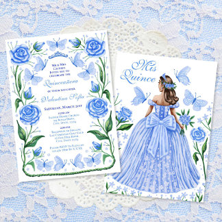 Invitation Papillons bleus et princesse Rose Quinceanera