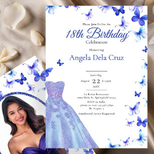 Invitation Papillons Bleus Et Robe Début 18ème Anniversaire