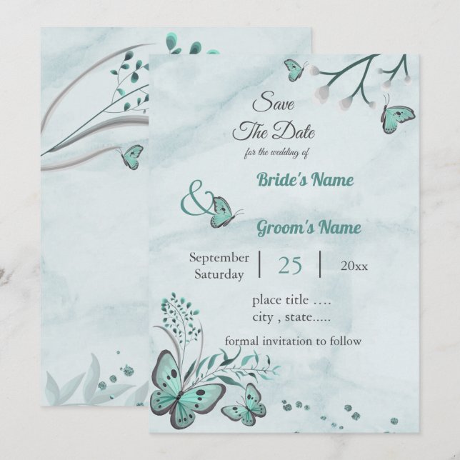 Invitation papillons bleus feuille floral enregistrer la date (Devant / Derrière)