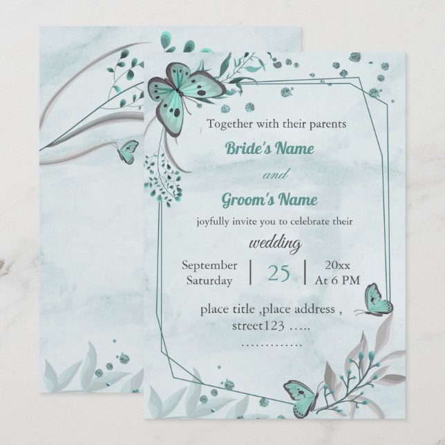 Invitation papillons bleus feuille floral mariage géométrique (Devant / Derrière)