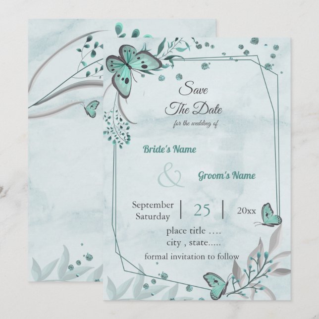 Invitation papillons bleus feuille géométrique enregistrer la (Devant / Derrière)
