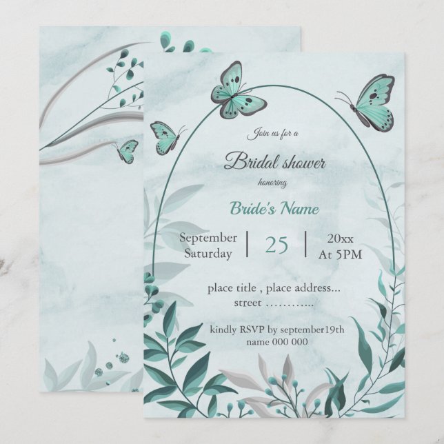 Invitation Papillons bleus turquoises & douche nuptiale feuil (Devant / Derrière)