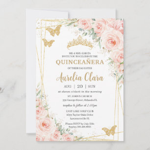 Invitation Papillons Champange Floral Blush Quinceanera