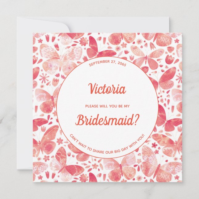 Invitation Papillons Coral Rose Be My Bridesmaid (Devant)