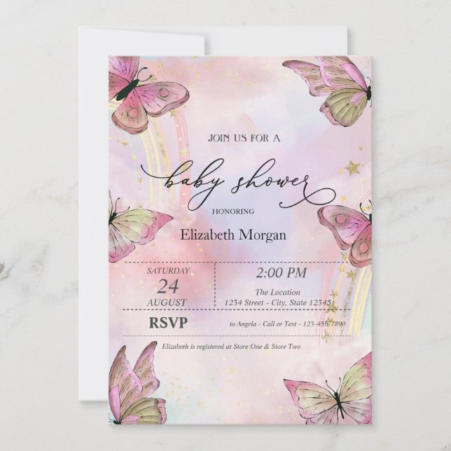 Invitation Papillons d'aquarelle Baby shower Rainbows (Devant)