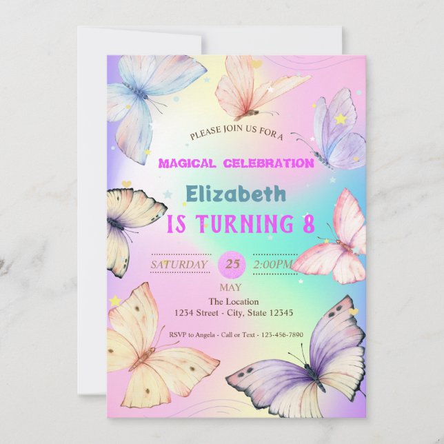 Invitation Papillons d'aquarelle Holographique Anniversaire (Devant)