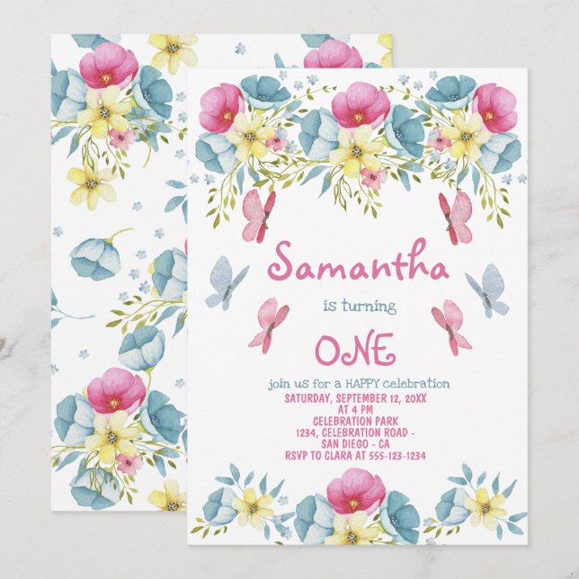 Invitation Papillons d'aquarelle rose Flore Anniversaire (Devant / Derrière)