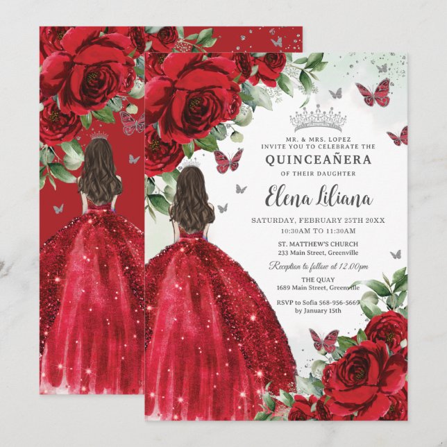 Invitation Papillons d'argent Floral Rouge Quinceañera Sweet  (Devant / Derrière)