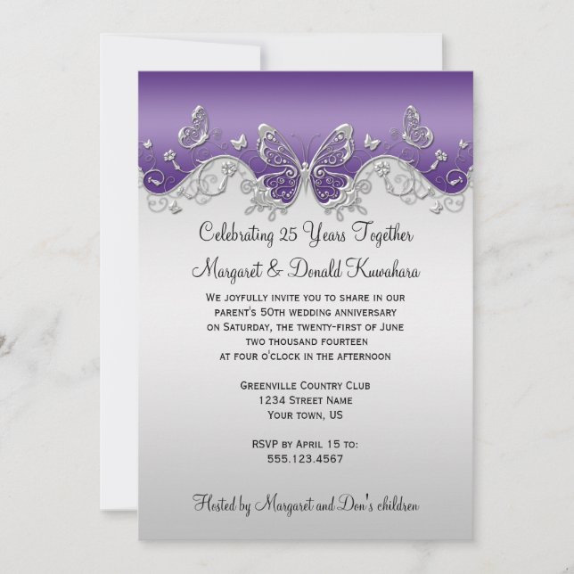 Invitation Papillons d'argent mauve 25e anniversaire (Devant)