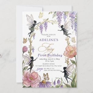 Invitation Papillons de couleur or violet Fée Premier Anniver